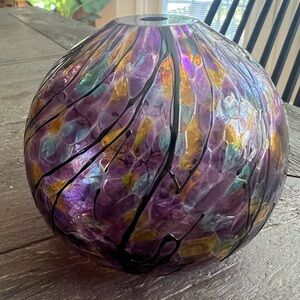 Fire Island Blown Glass Oil Lamp Signed MLB Art Decor Purple Multi Color EUC
